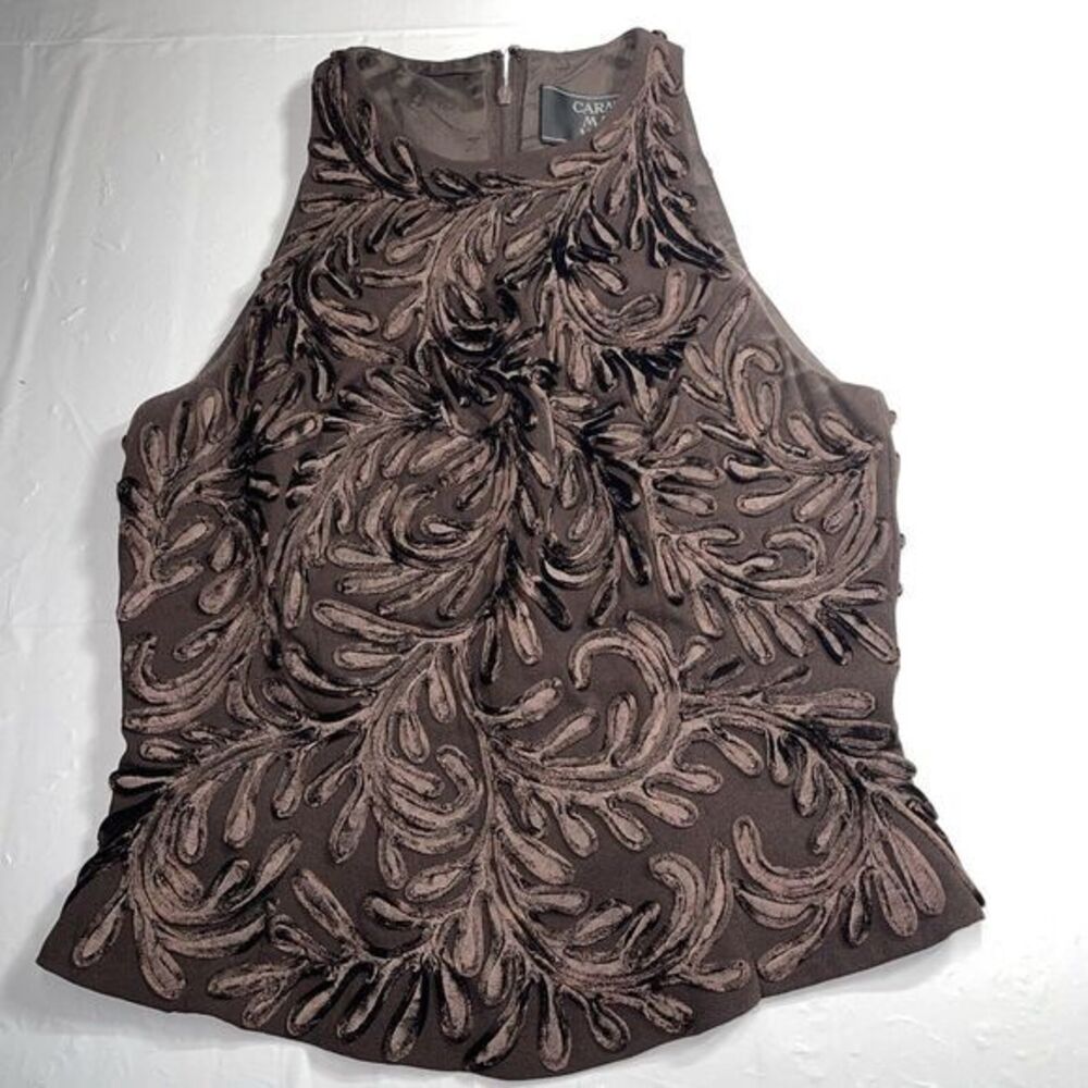 Carmen Marc Valvo Sleeveless Zip Back Embroidered Brown Tank Top 2